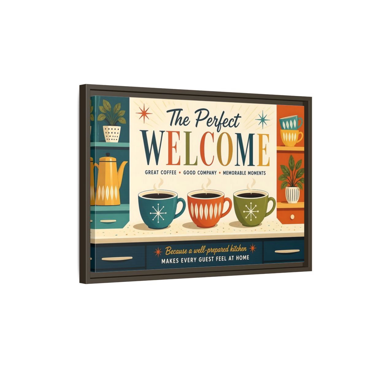 Side Mockup 2. Vintage Coffee Scene Retro Kitchen Welcome shown as stretched canvas wall art