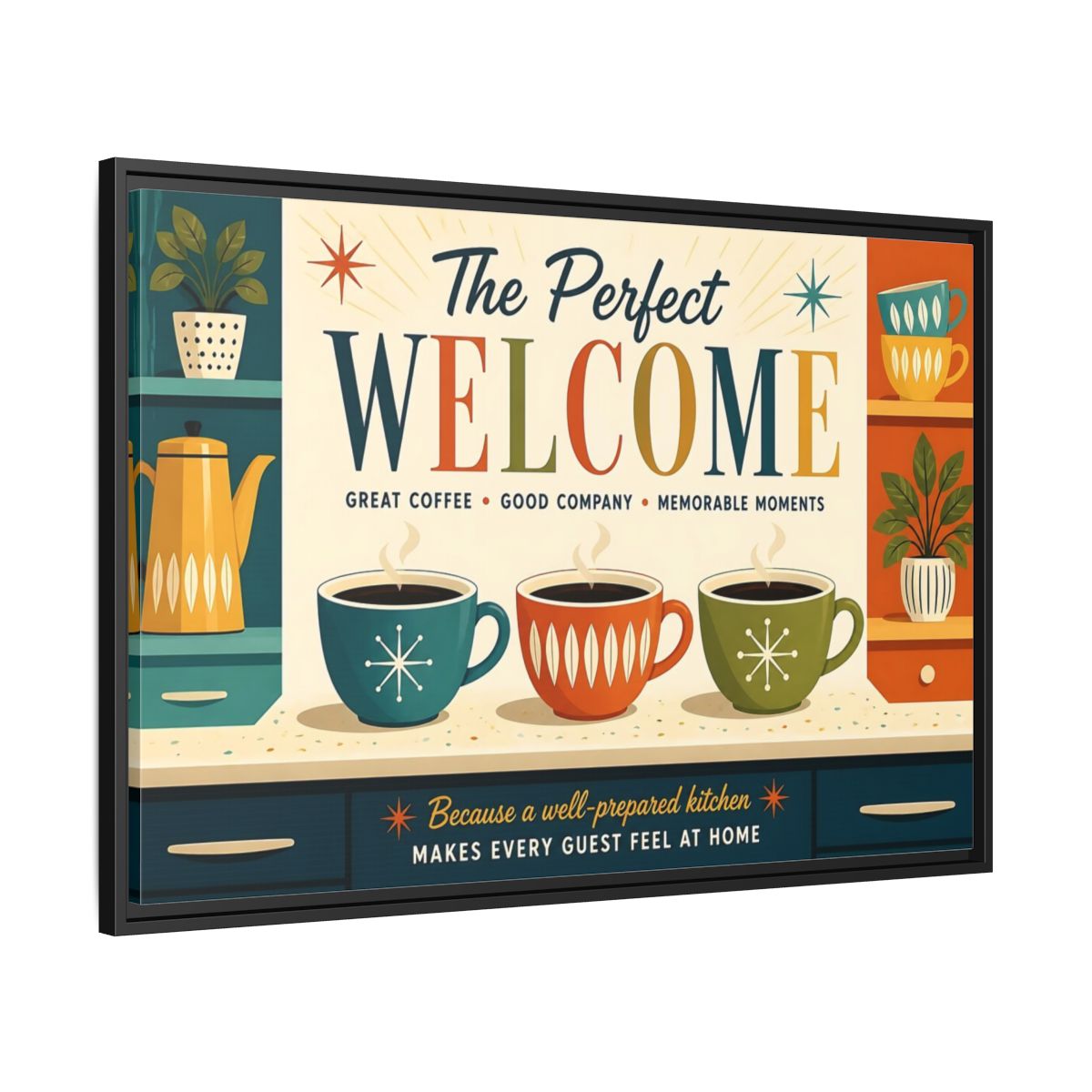 Side Mockup 13. Vintage Coffee Scene Retro Kitchen Welcome shown as stretched canvas wall art