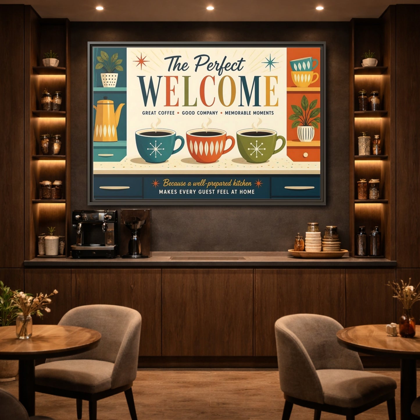 Mockup 2. Vintage Coffee Scene Retro Kitchen Welcome shown as stretched canvas wall art