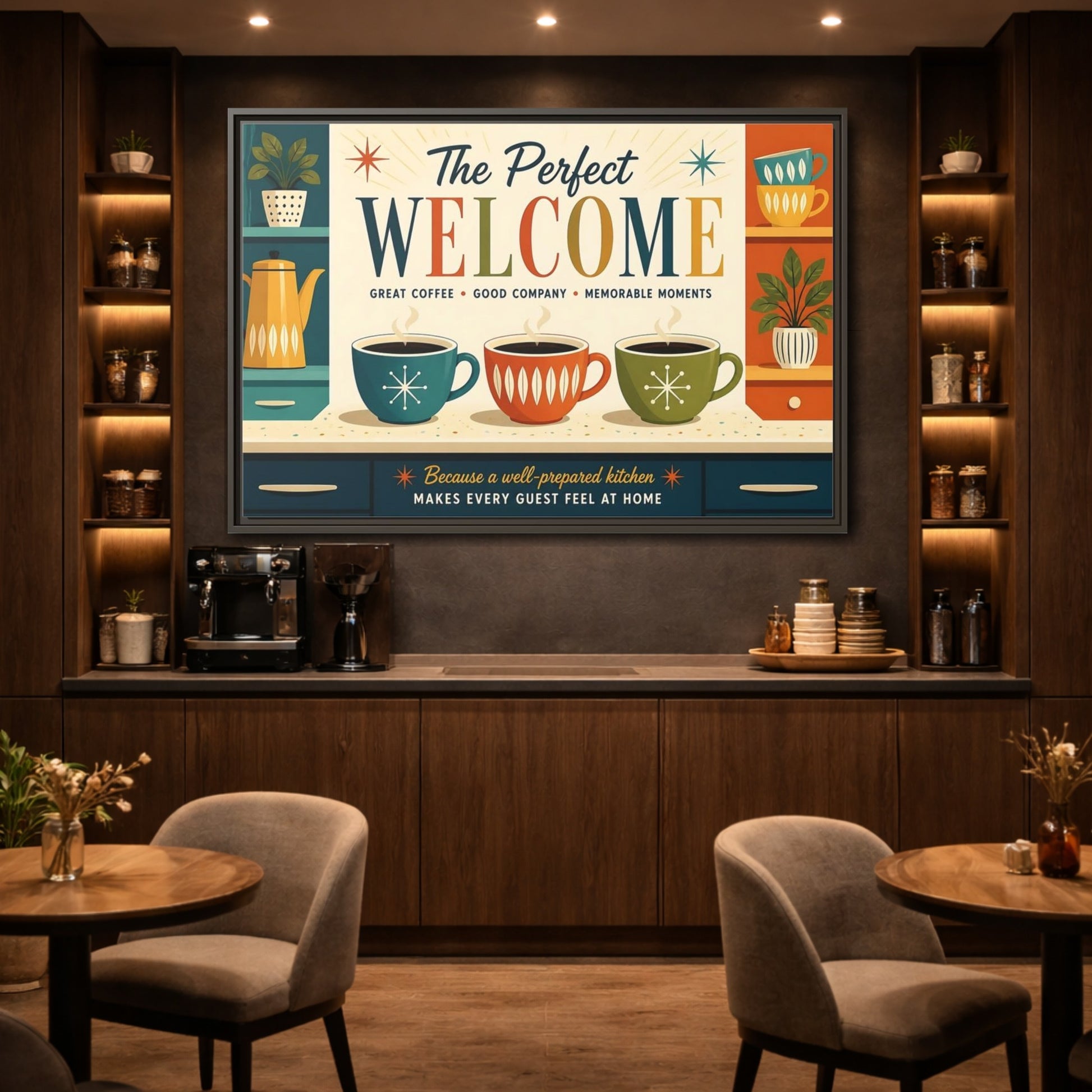 Mockup 2. Vintage Coffee Scene Retro Kitchen Welcome shown as stretched canvas wall art