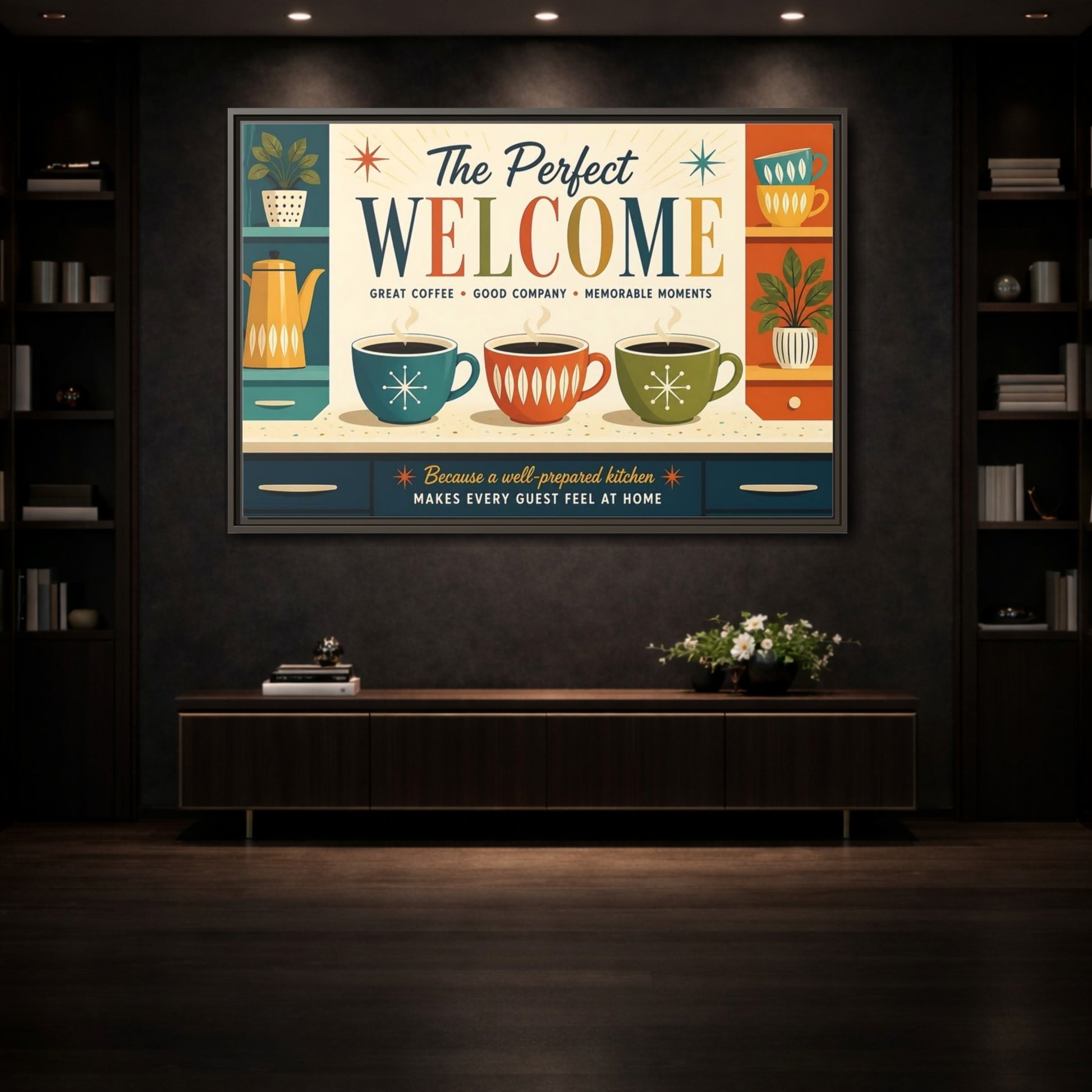 Mockup 3. Vintage Coffee Scene Retro Kitchen Welcome shown as stretched canvas wall art