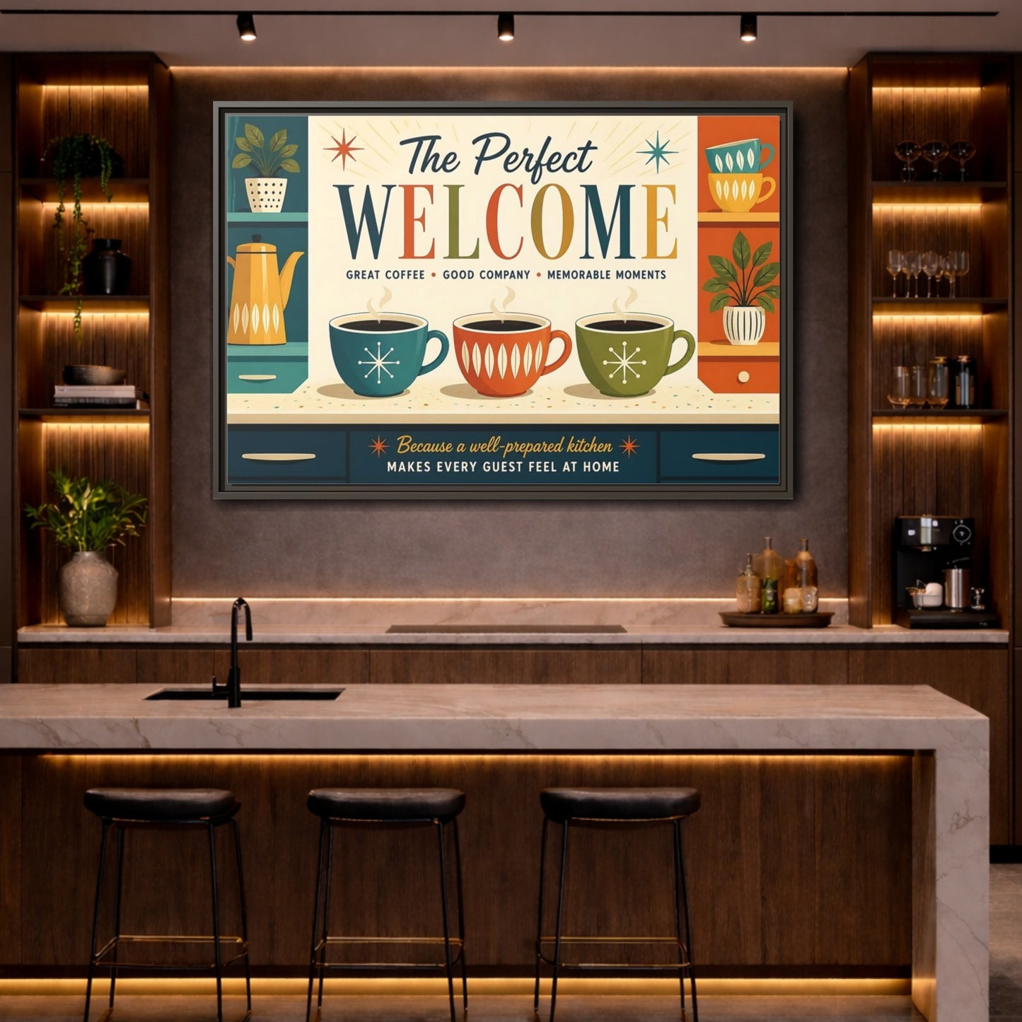 Mockup 4. Vintage Coffee Scene Retro Kitchen Welcome shown as stretched canvas wall art