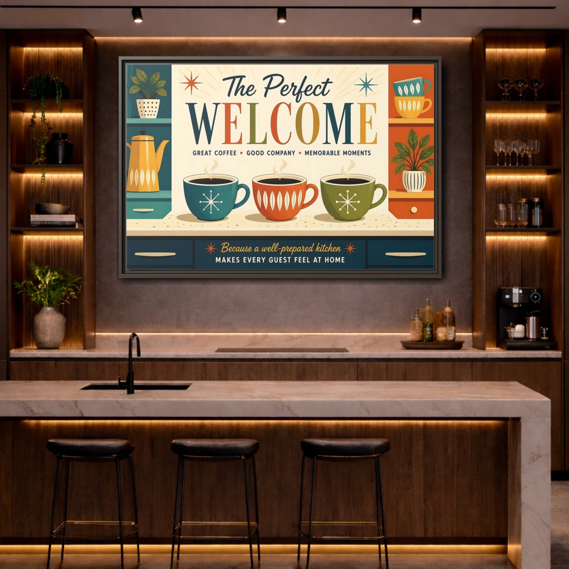 Mockup 4. Vintage Coffee Scene Retro Kitchen Welcome shown as stretched canvas wall art