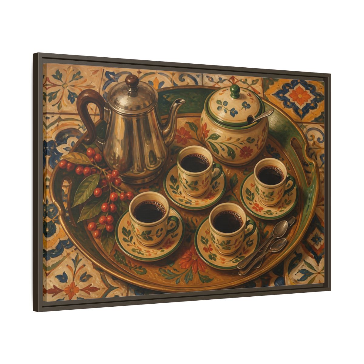 Main Mockup. Vintage Coffee Service Mediterranean Coffee shown as stretched canvas wall art