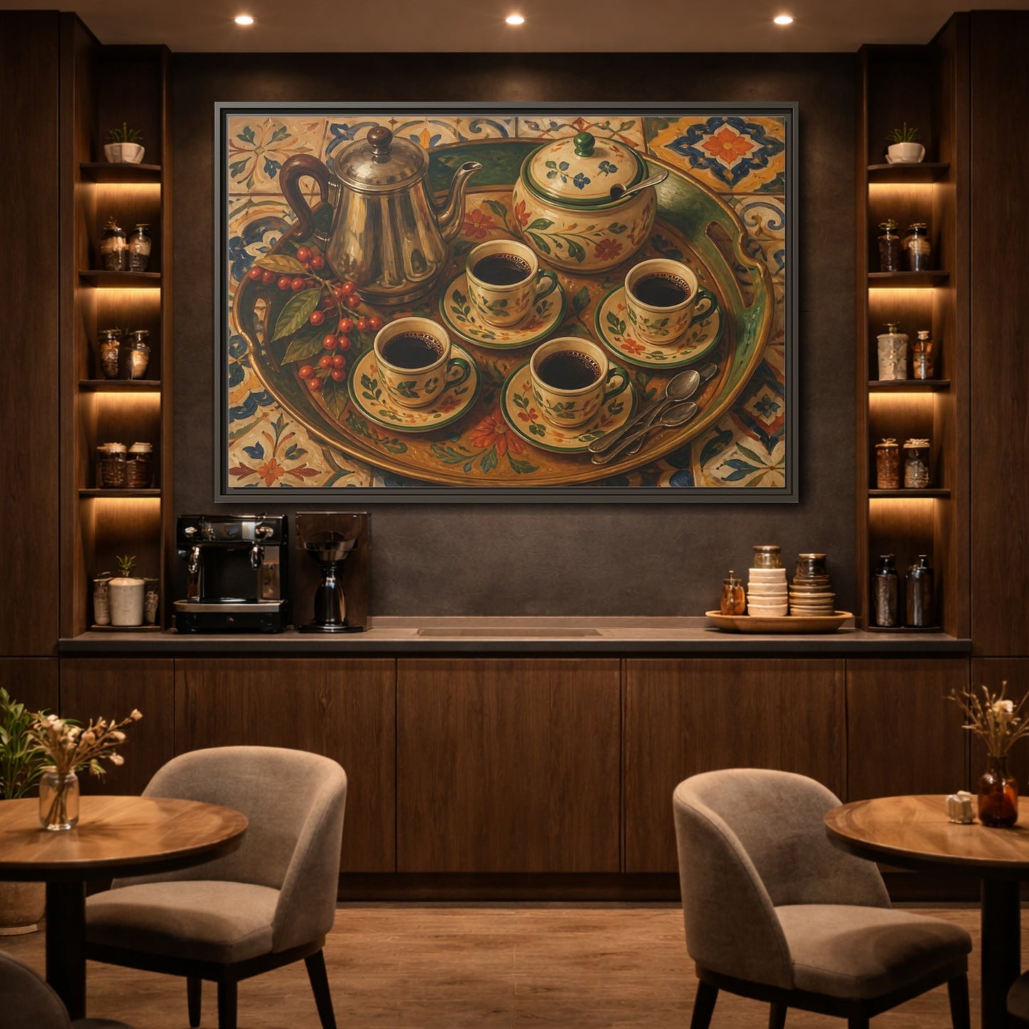 Mockup 2. Vintage Coffee Service Mediterranean Coffee shown as stretched canvas wall art