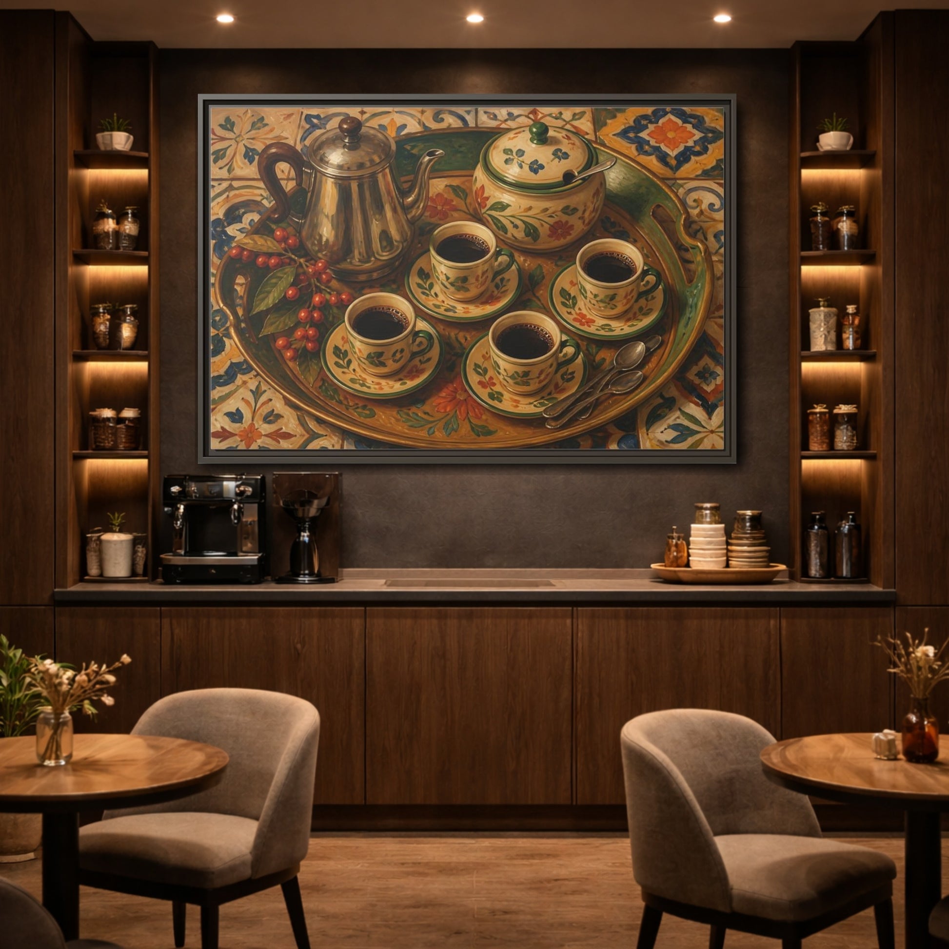 Mockup 2. Vintage Coffee Service Mediterranean Coffee shown as stretched canvas wall art