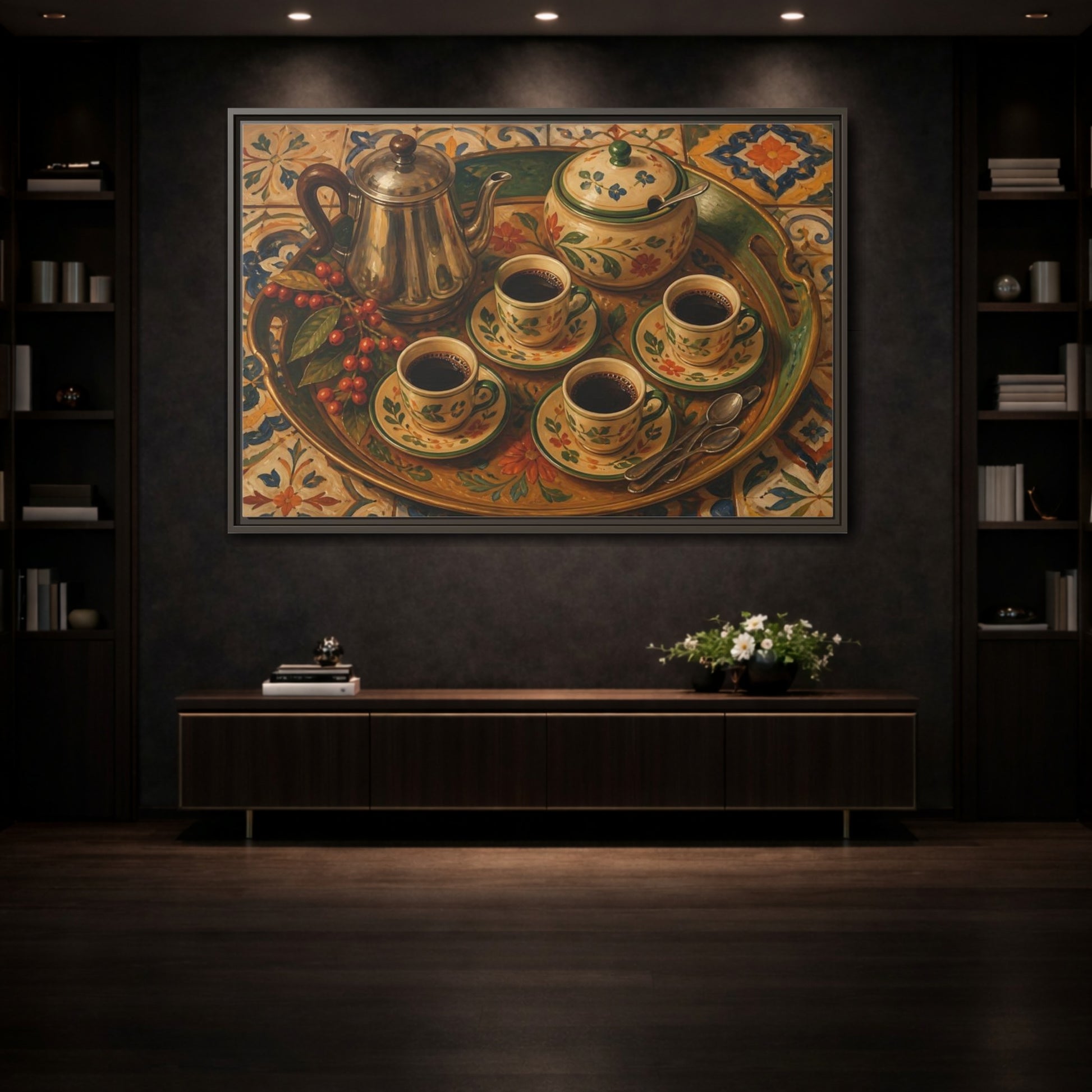 Mockup 3. Vintage Coffee Service Mediterranean Coffee shown as stretched canvas wall art