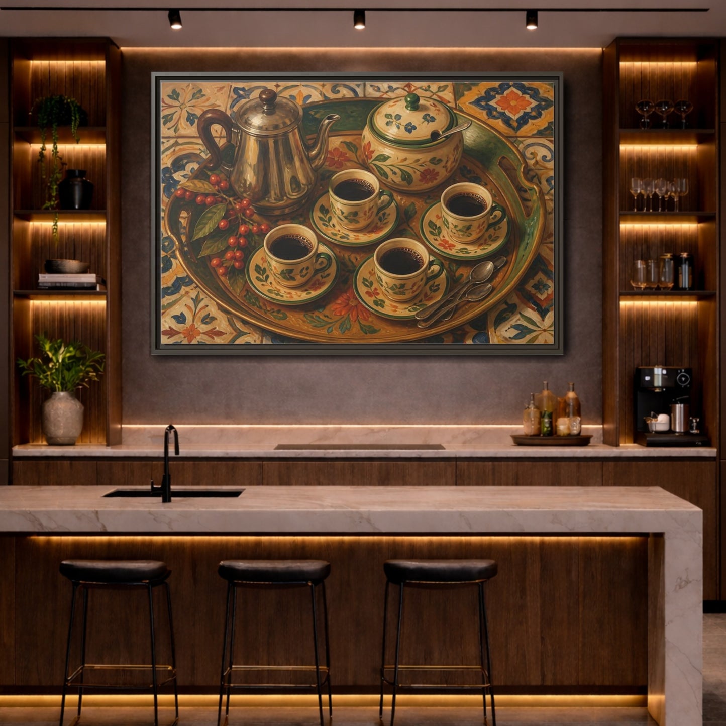 Mockup 4. Vintage Coffee Service Mediterranean Coffee shown as stretched canvas wall art