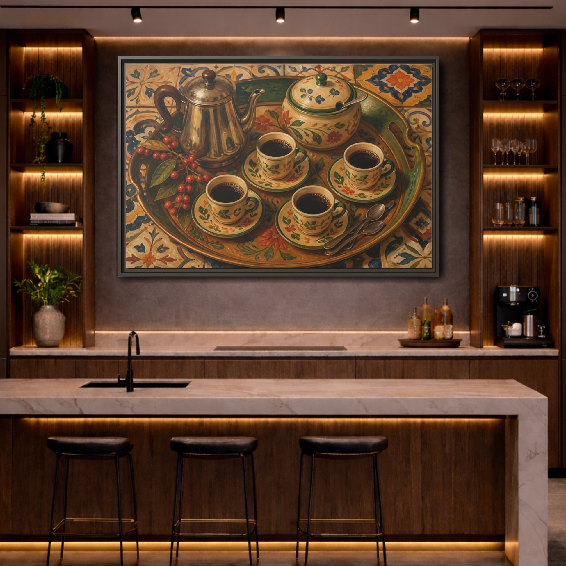 Mockup 4. Vintage Coffee Service Mediterranean Coffee shown as stretched canvas wall art