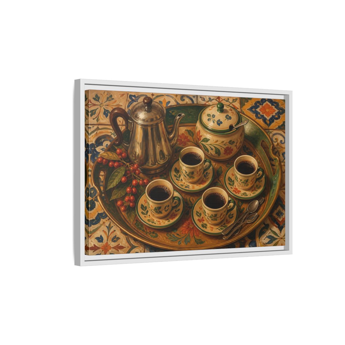 Side Mockup 1. Vintage Coffee Service Mediterranean Coffee shown as stretched canvas wall art