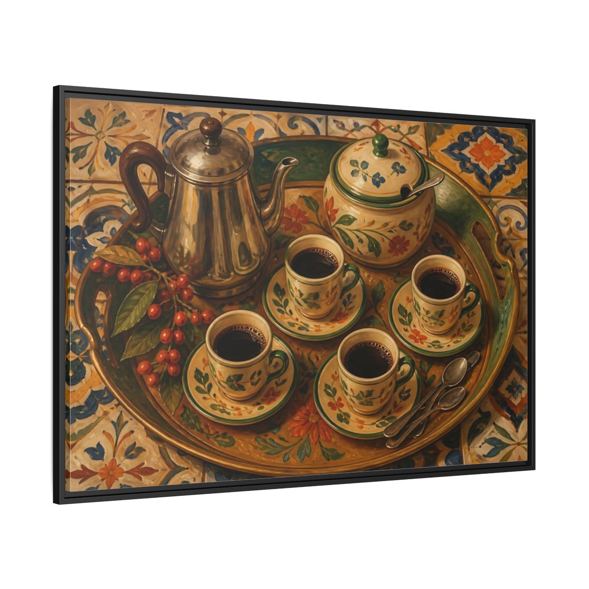 Side Mockup 12. Vintage Coffee Service Mediterranean Coffee shown as stretched canvas wall art