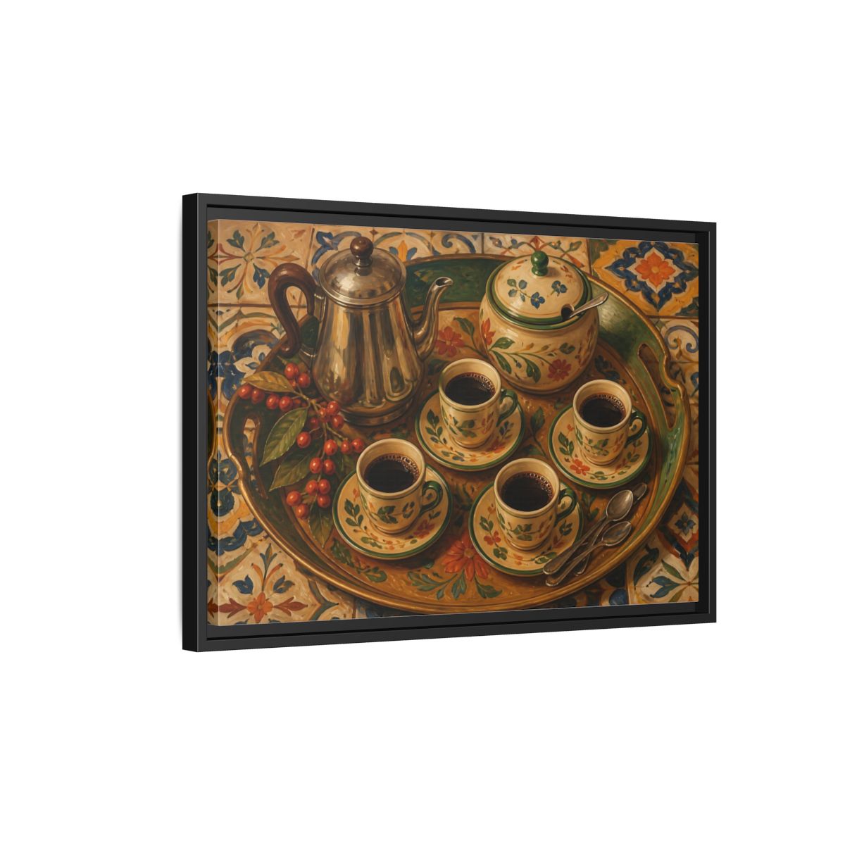 Side Mockup 3. Vintage Coffee Service Mediterranean Coffee shown as stretched canvas wall art