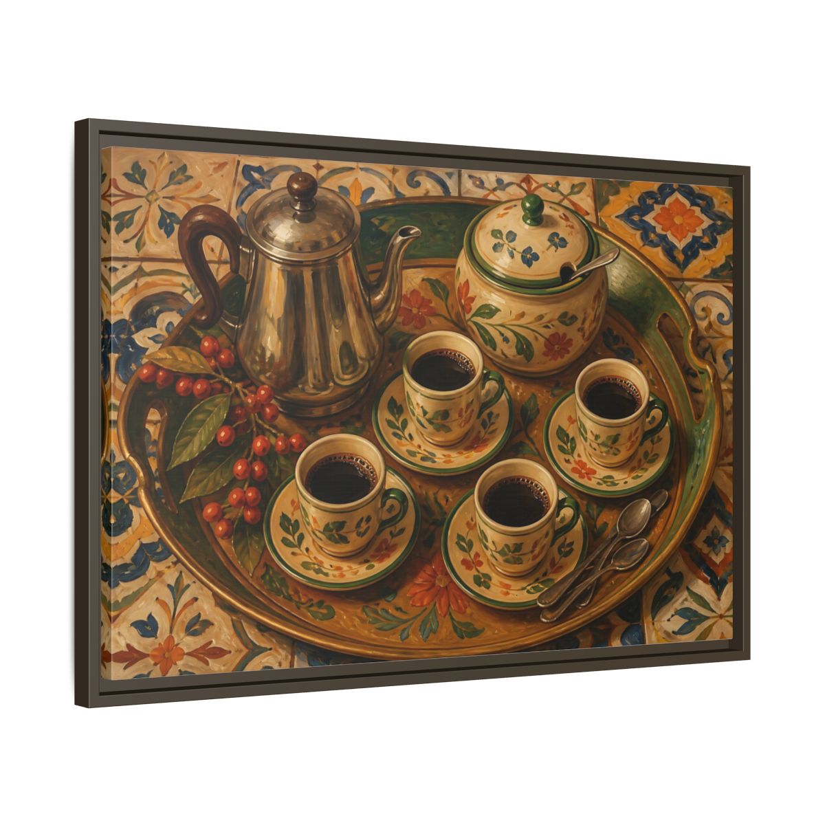 Side Mockup 11. Vintage Coffee Service Mediterranean Coffee shown as stretched canvas wall art