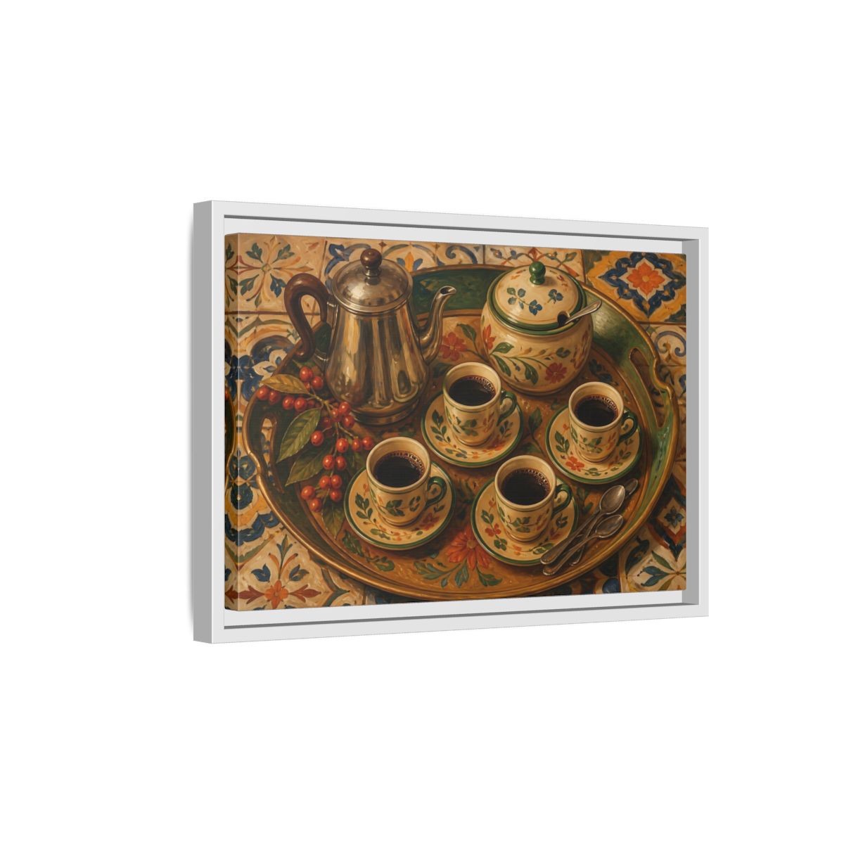 Side Mockup 4. Vintage Coffee Service Mediterranean Coffee shown as stretched canvas wall art
