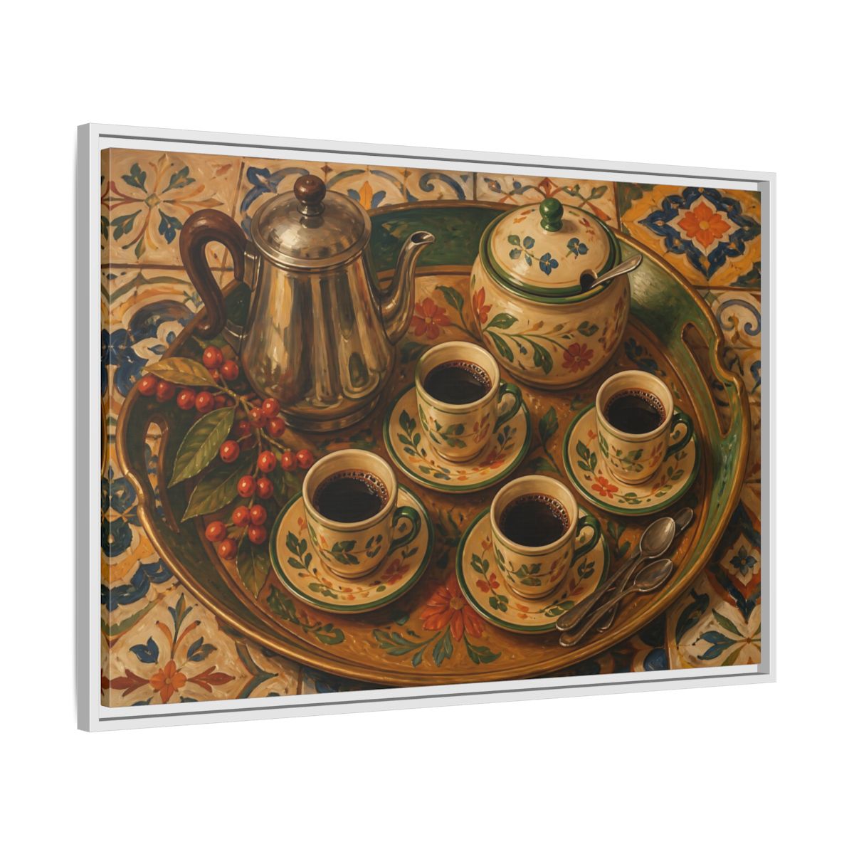 Side Mockup 9. Vintage Coffee Service Mediterranean Coffee shown as stretched canvas wall art