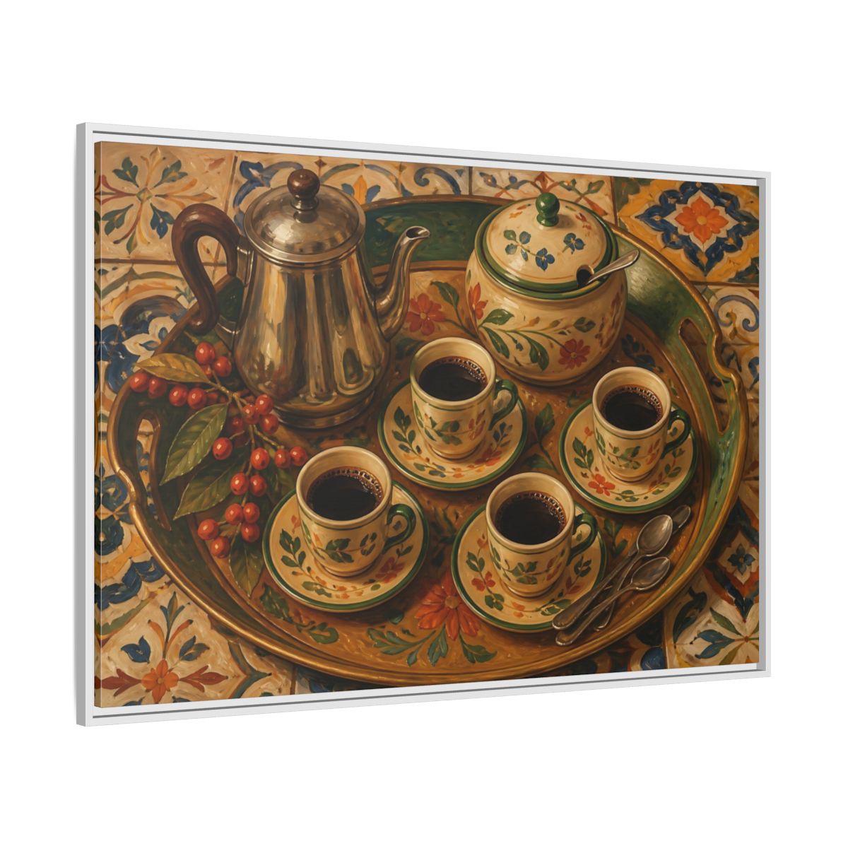 Side Mockup 7. Vintage Coffee Service Mediterranean Coffee shown as stretched canvas wall art