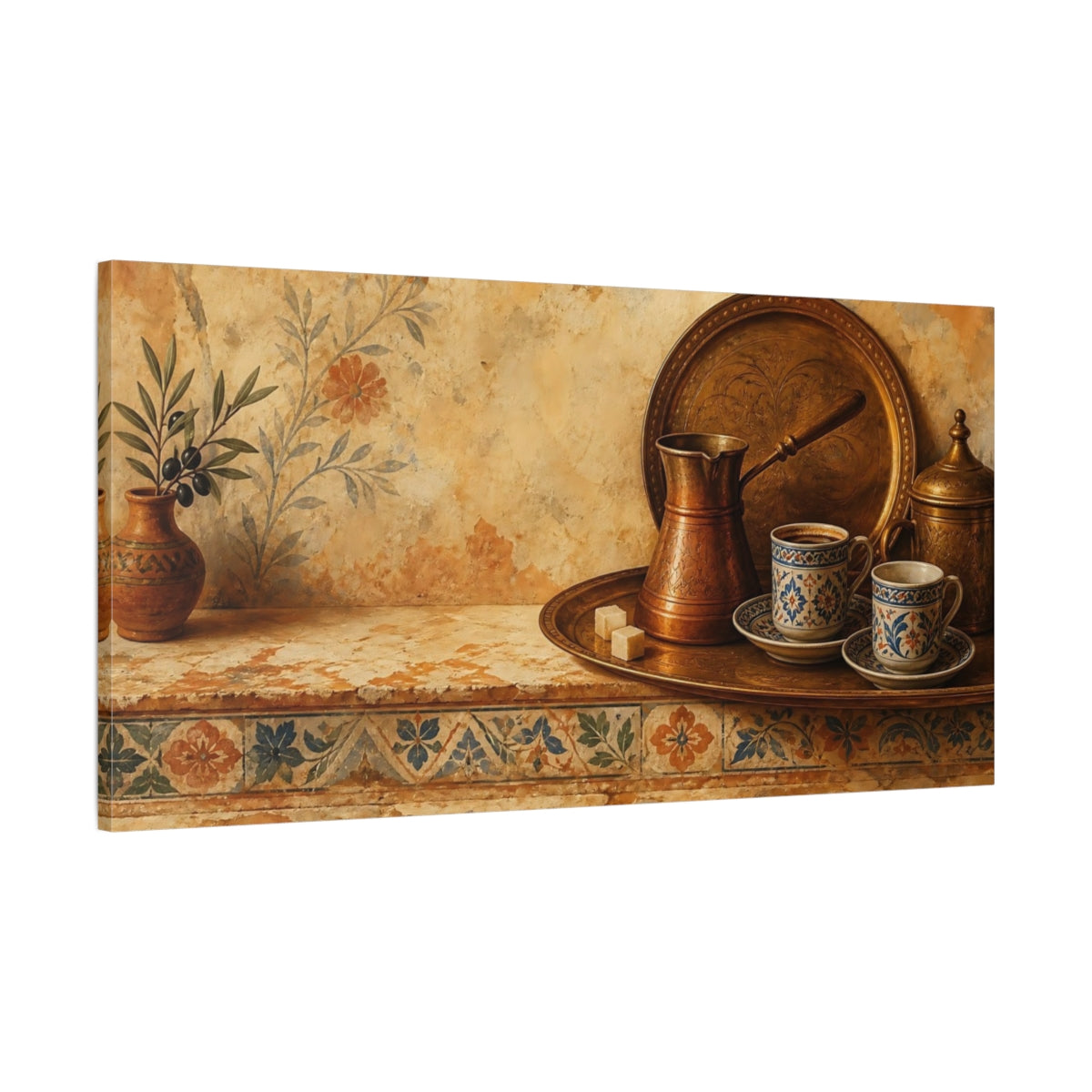 Main Mockup. Vintage Coffee Set Brown Gold shown as canvas print