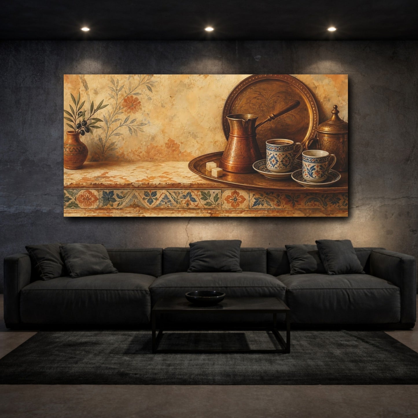 Mockup 3. Vintage Coffee Set Brown Gold shown as canvas print