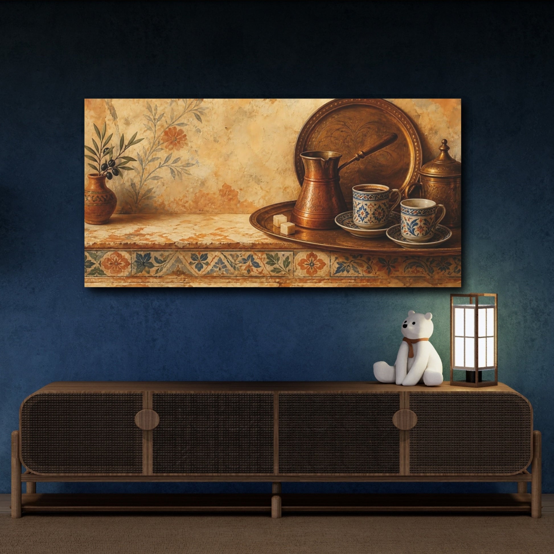 Mockup 4. Vintage Coffee Set Brown Gold shown as canvas print
