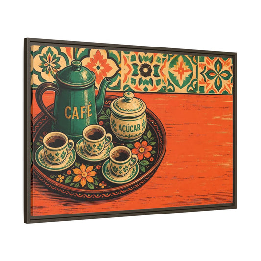 Main Mockup. Vintage Coffee Set Teal Orange shown as stretched canvas wall art