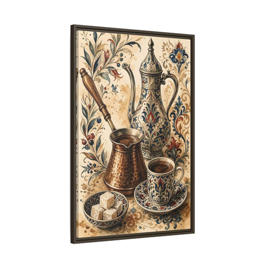 Main Mockup. Vintage Coffee Set Vintage Coffee Scene shown as framed canvas print
