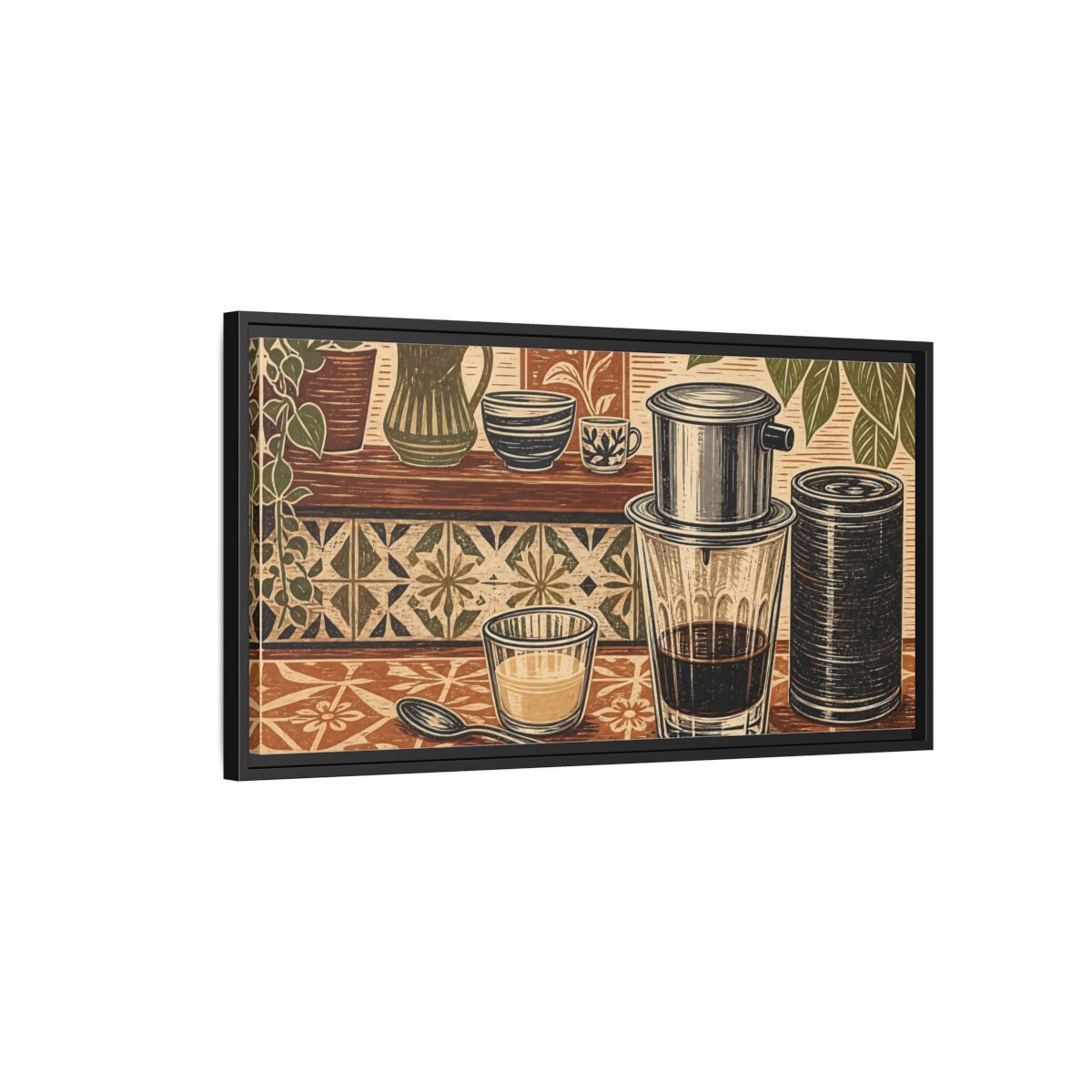 Side Mockup 2. Vintage Coffee Setup Brown And Green shown as framed canvas print