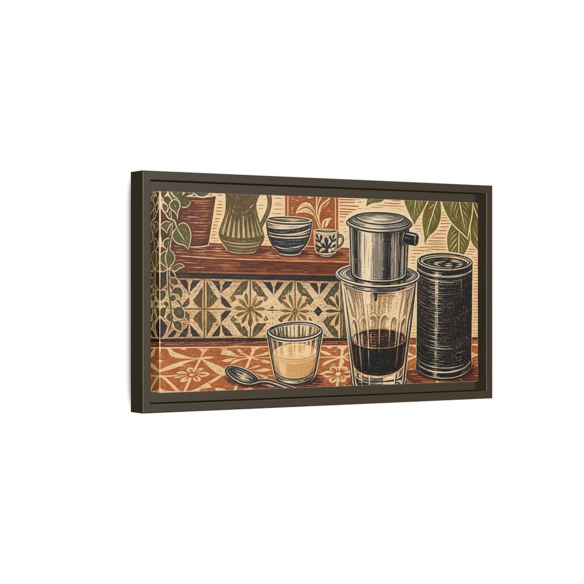 Side Mockup 7. Vintage Coffee Setup Brown And Green shown as framed canvas print