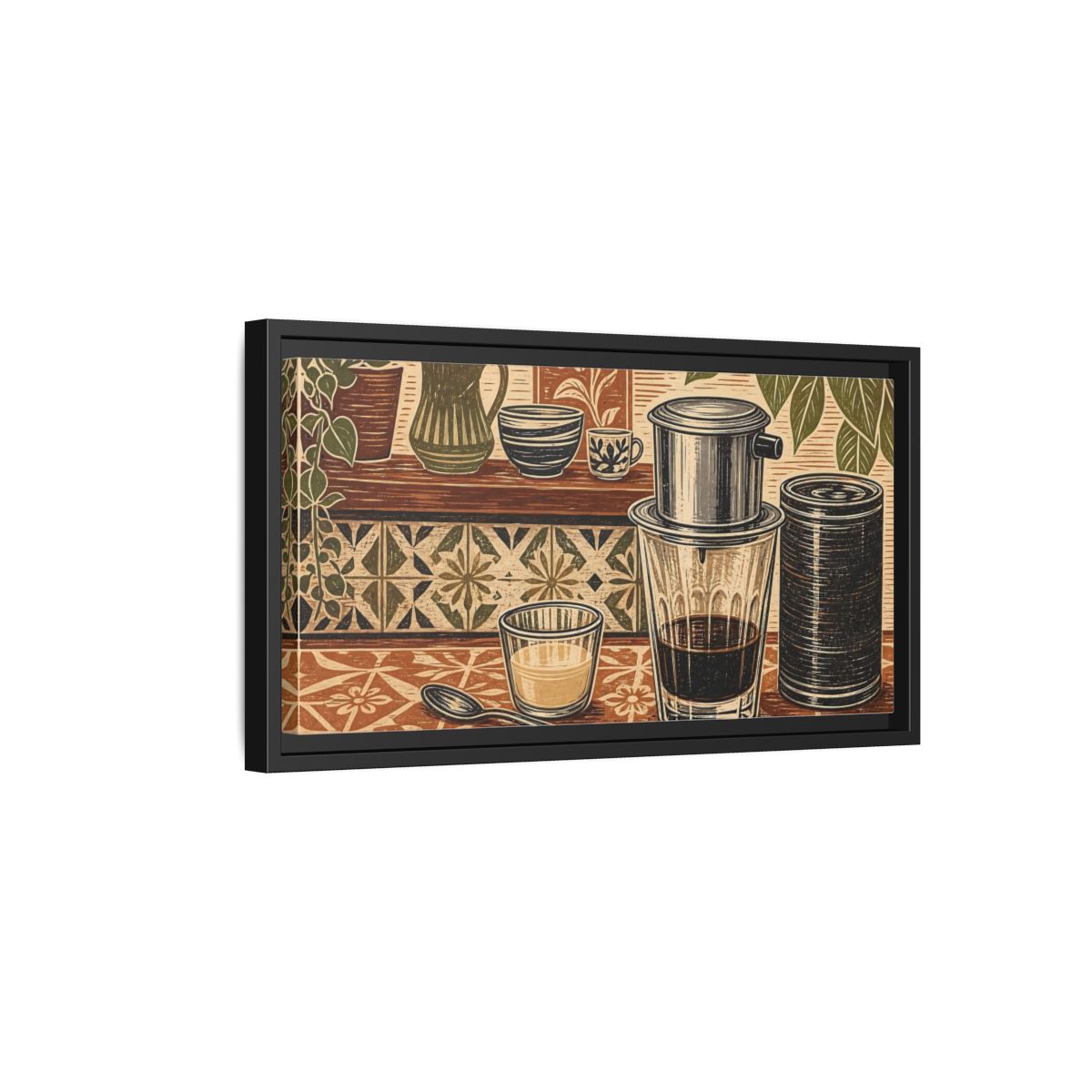 Side Mockup 8. Vintage Coffee Setup Brown And Green shown as framed canvas print