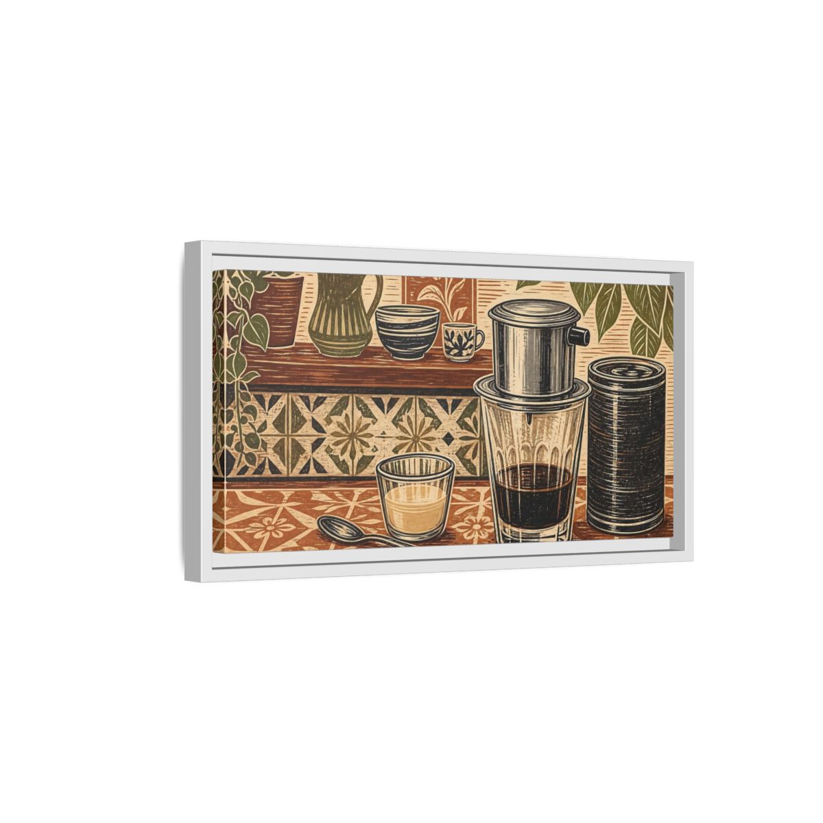 Side Mockup 6. Vintage Coffee Setup Brown And Green shown as framed canvas print