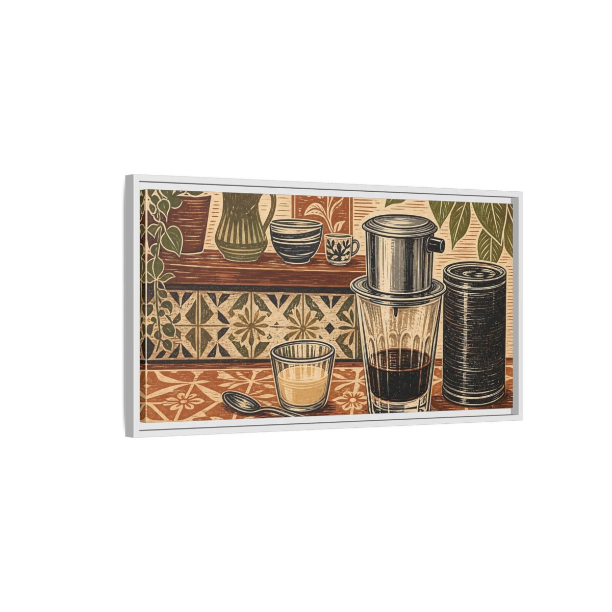 Side Mockup 1. Vintage Coffee Setup Brown And Green shown as framed canvas print