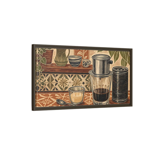 Main Mockup. Vintage Coffee Setup Brown And Green shown as framed canvas print