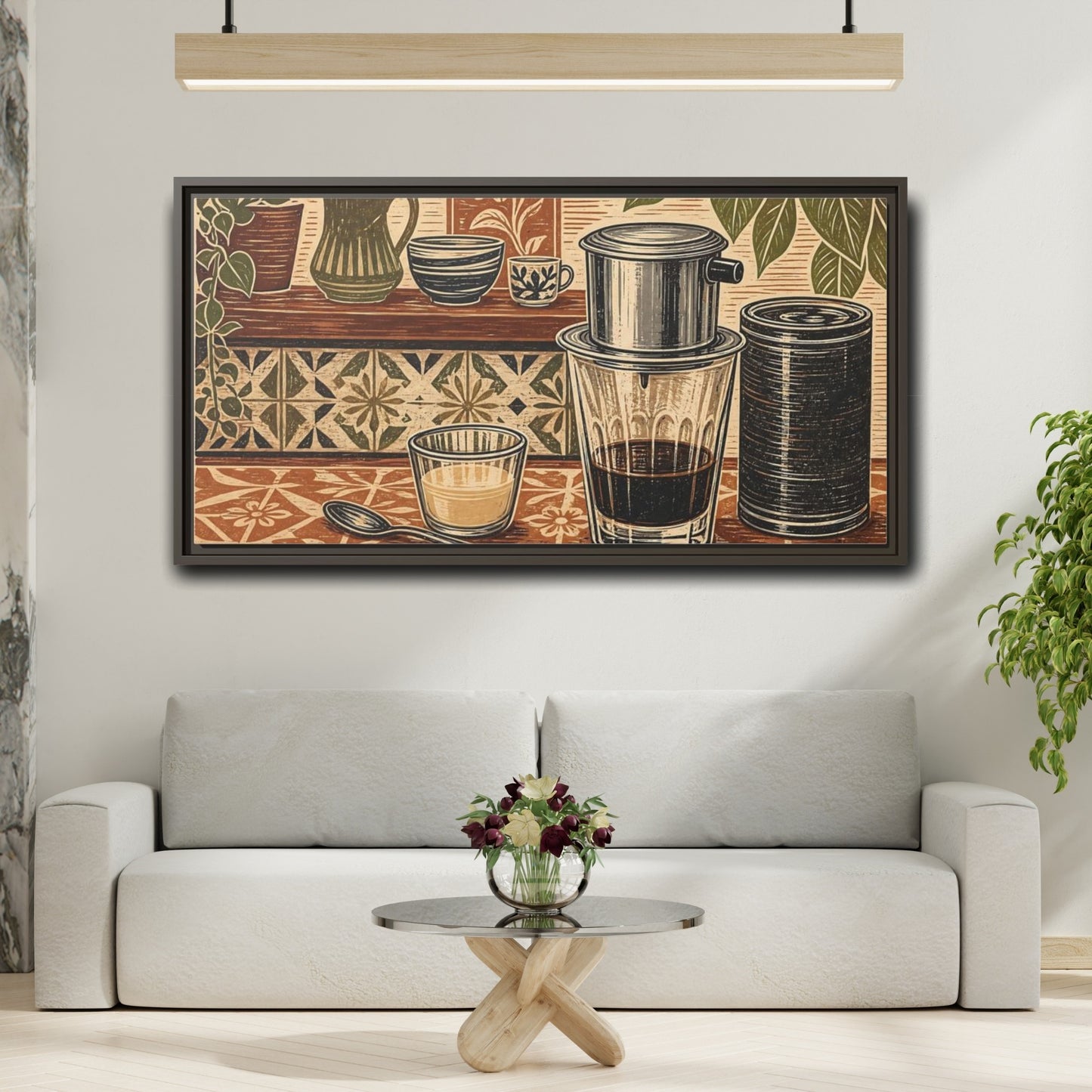 Mockup 2. Vintage Coffee Setup Brown And Green shown as framed canvas print