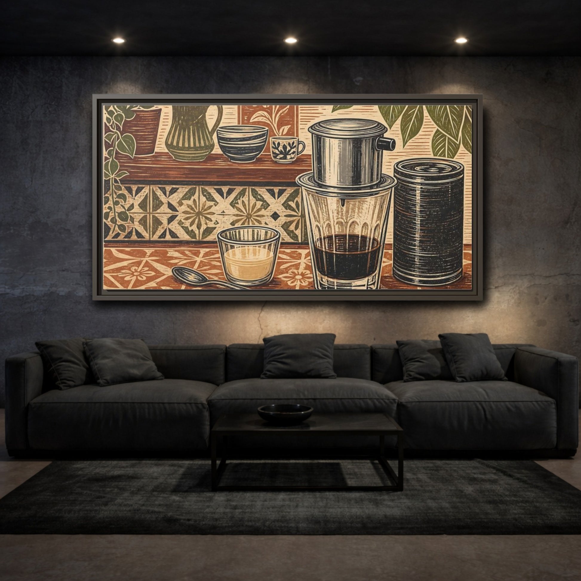 Mockup 3. Vintage Coffee Setup Brown And Green shown as framed canvas print