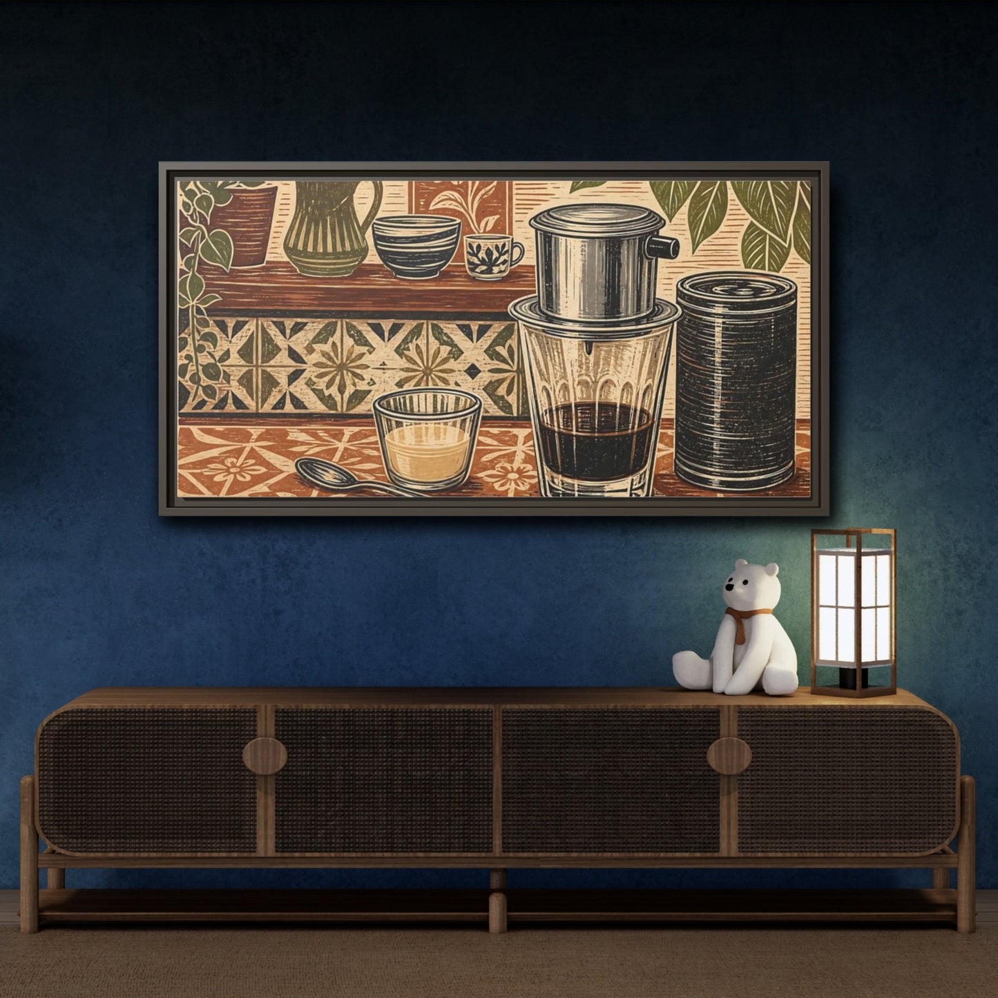 Mockup 4. Vintage Coffee Setup Brown And Green shown as framed canvas print