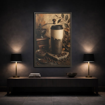 Mockup 2. Vintage Coffee Setup Rustic Coffee shown as framed canvas print