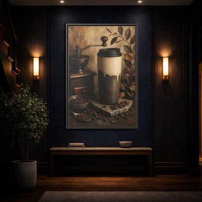 Mockup 4. Vintage Coffee Setup Rustic Coffee shown as framed canvas print