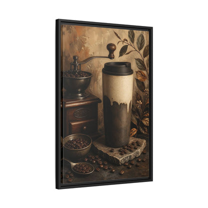 Side Mockup 14. Vintage Coffee Setup Rustic Coffee shown as framed canvas print