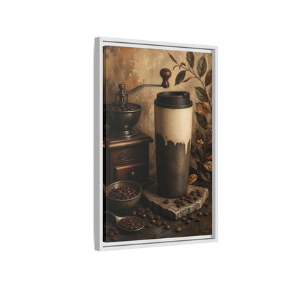 Side Mockup 1. Vintage Coffee Setup Rustic Coffee shown as framed canvas print