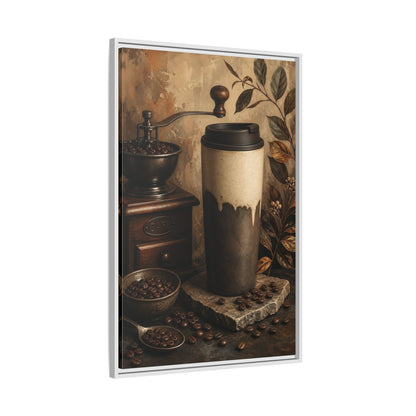 Side Mockup 9. Vintage Coffee Setup Rustic Coffee shown as framed canvas print