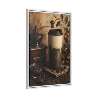 Side Mockup 10. Vintage Coffee Setup Rustic Coffee shown as framed canvas print