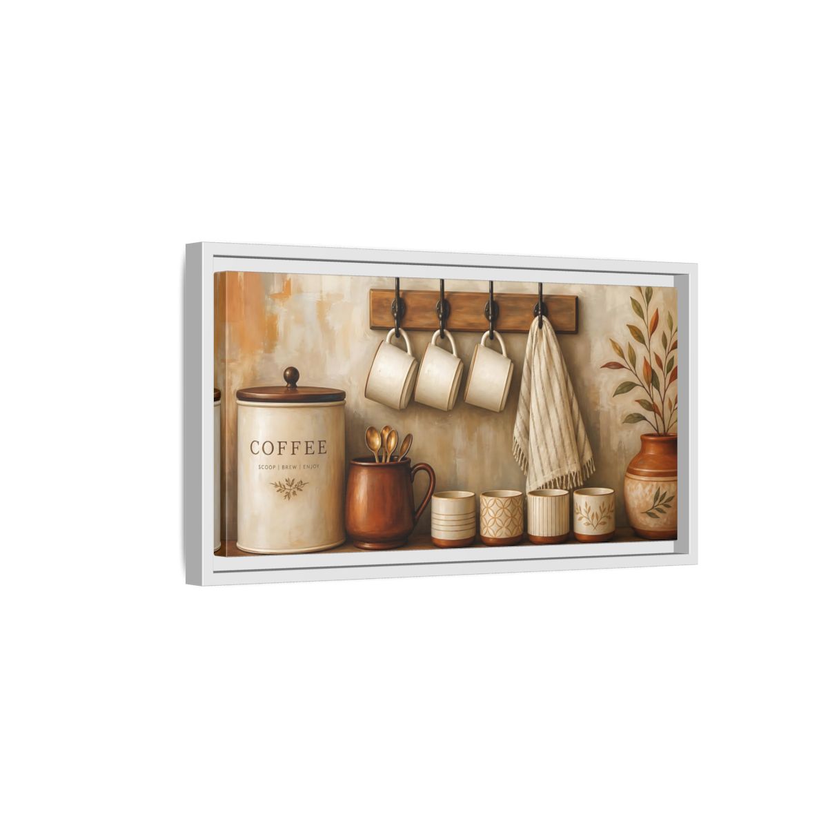 Side Mockup 6. Vintage Coffee Station Brown And Cream shown as framed canvas print