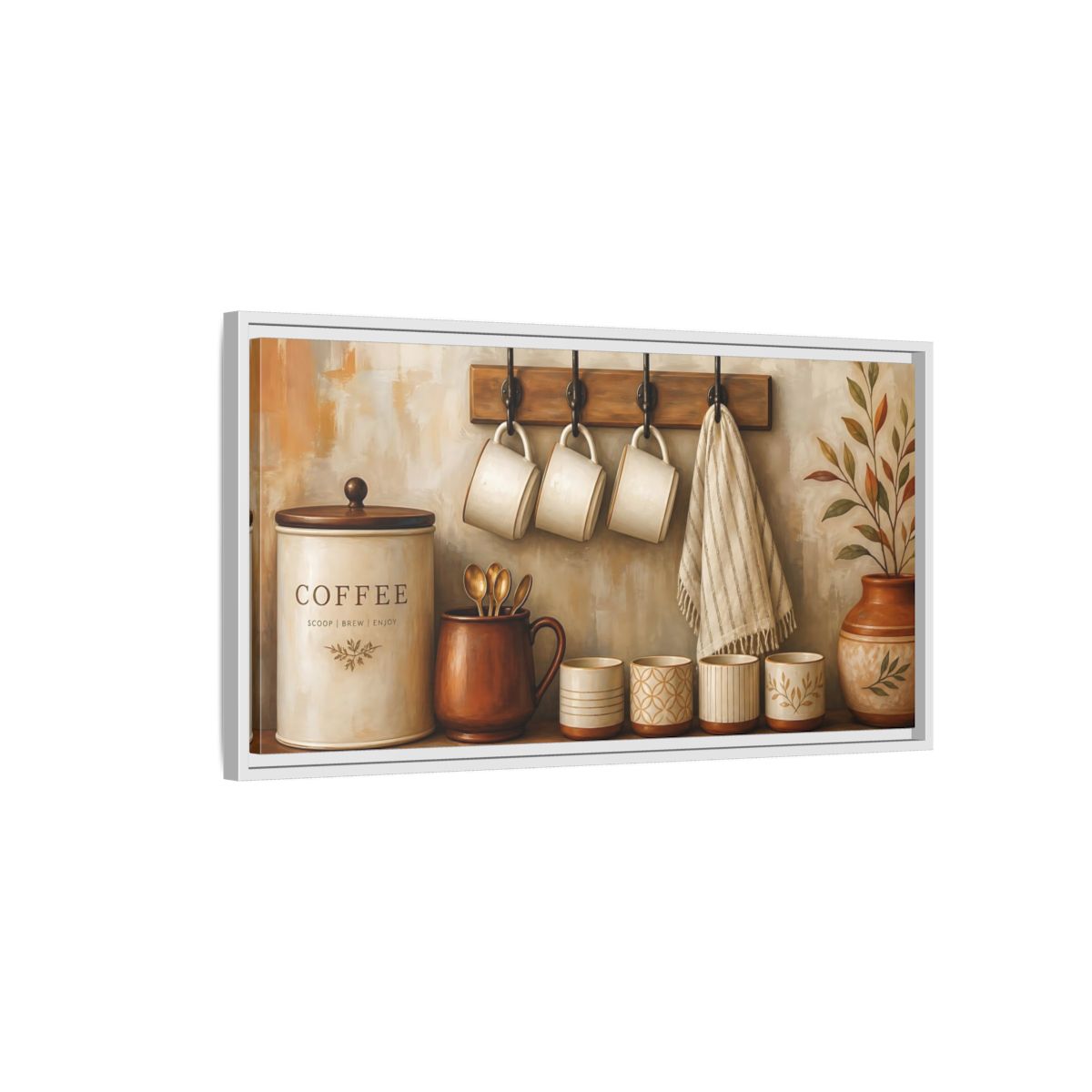 Side Mockup 1. Vintage Coffee Station Brown And Cream shown as framed canvas print