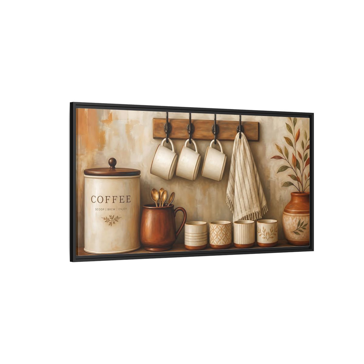 Side Mockup 5. Vintage Coffee Station Brown And Cream shown as framed canvas print