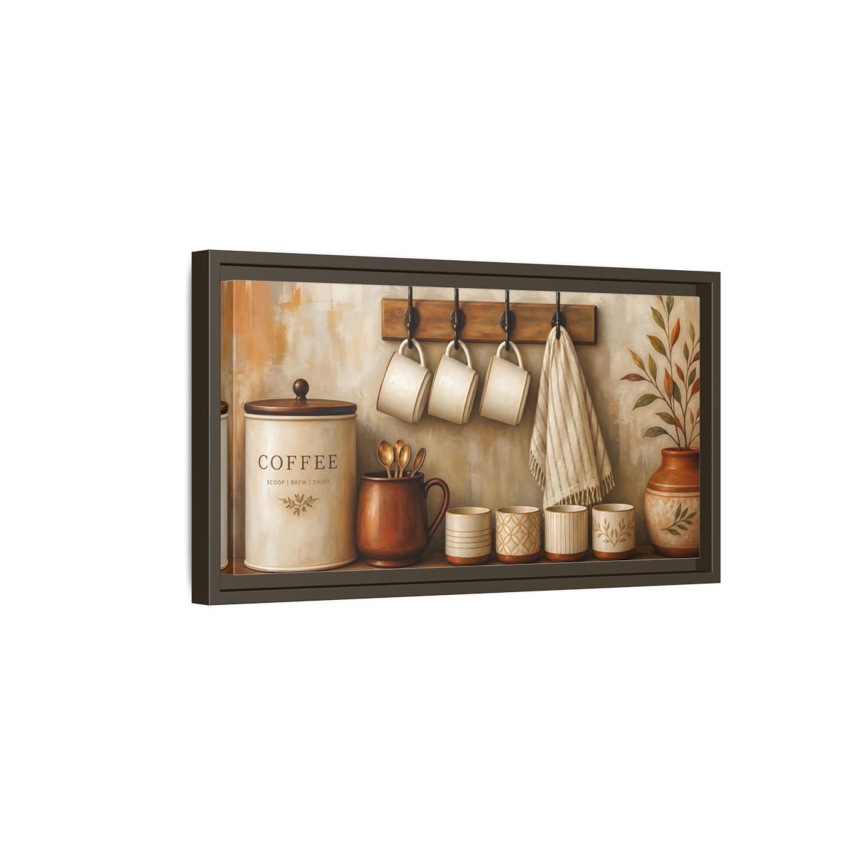 Side Mockup 7. Vintage Coffee Station Brown And Cream shown as framed canvas print