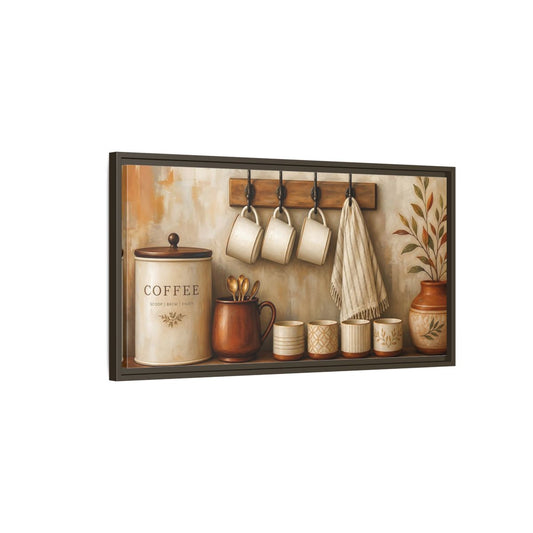 Main Mockup. Vintage Coffee Station Brown And Cream shown as framed canvas print