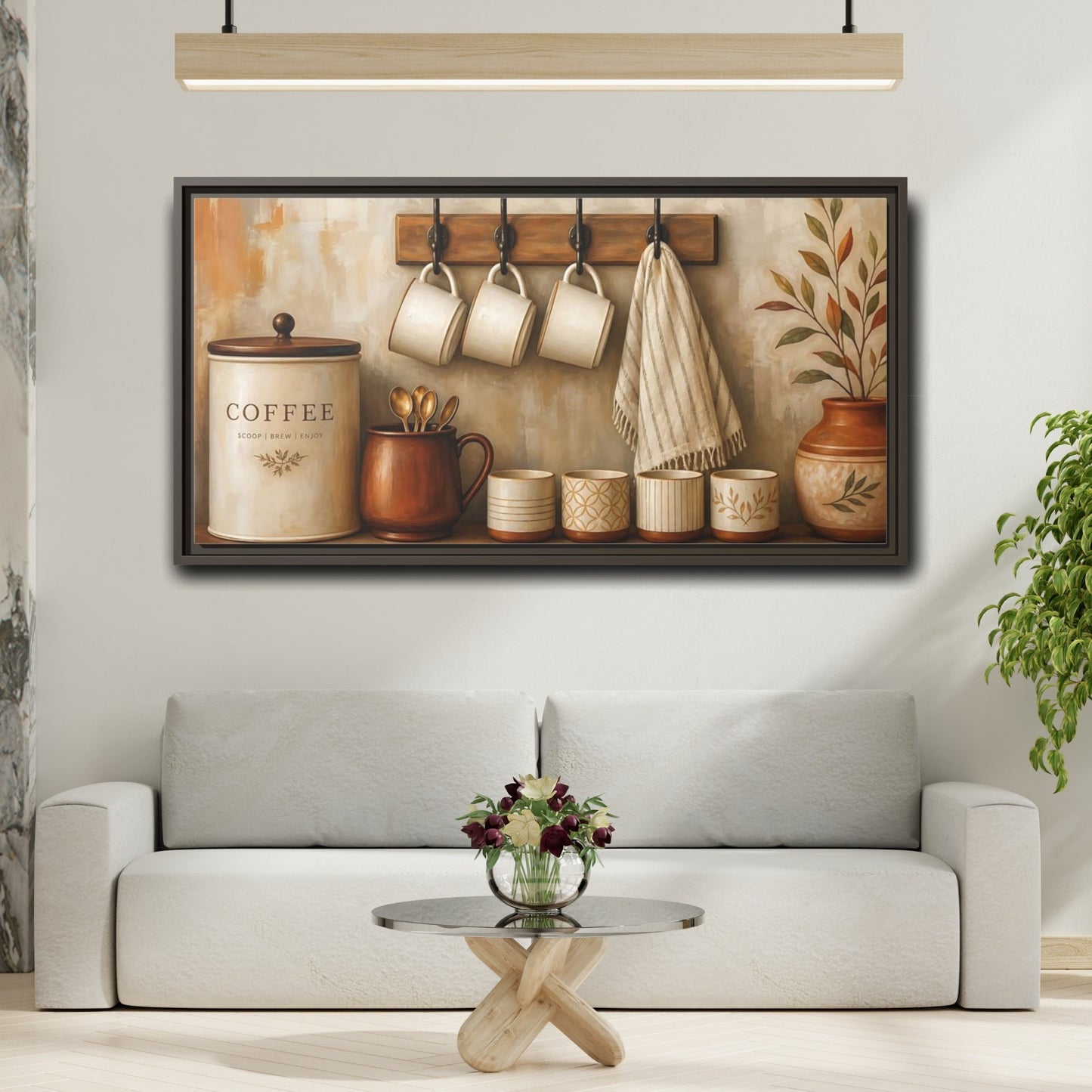 Mockup 2. Vintage Coffee Station Brown And Cream shown as framed canvas print