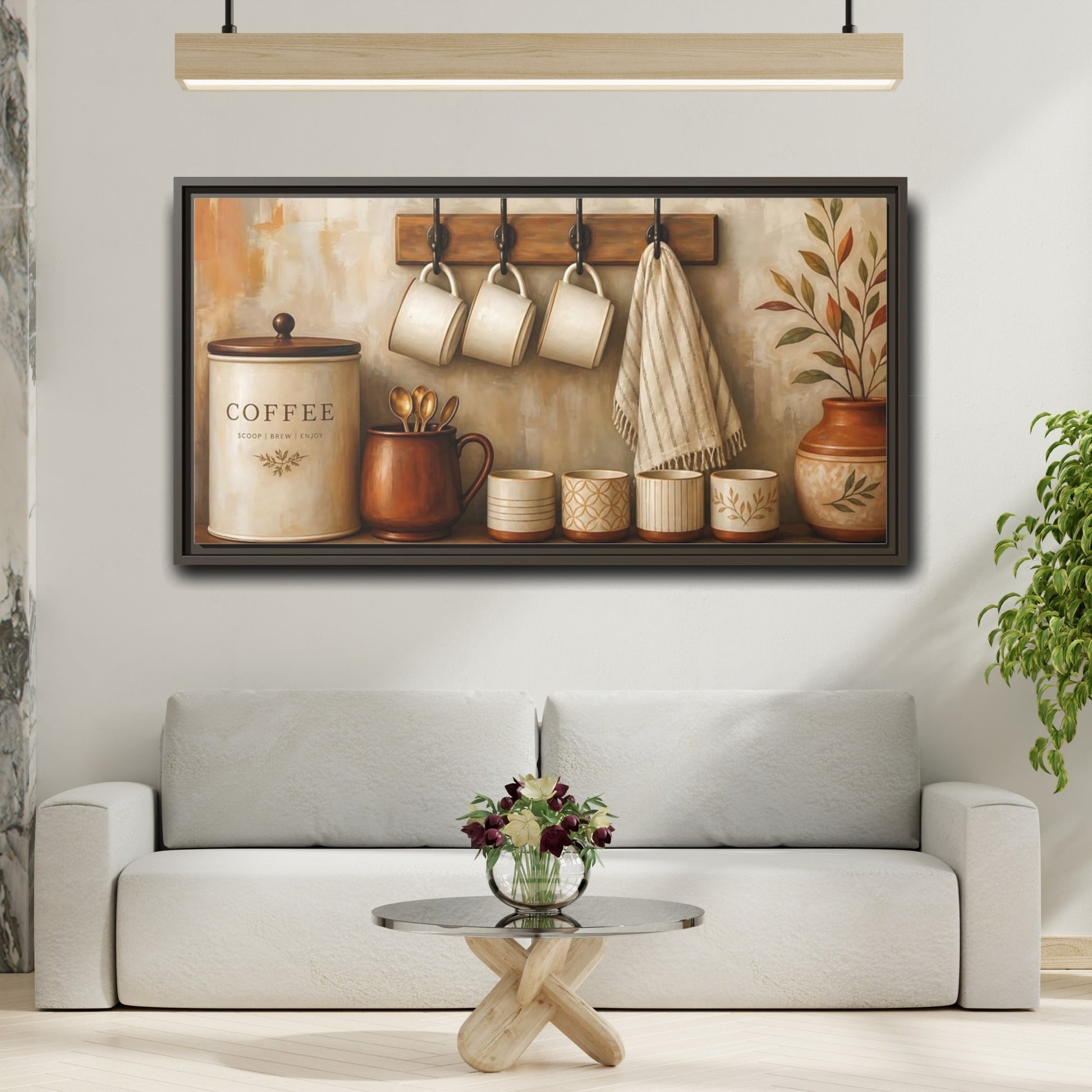 Mockup 2. Vintage Coffee Station Brown And Cream shown as framed canvas print