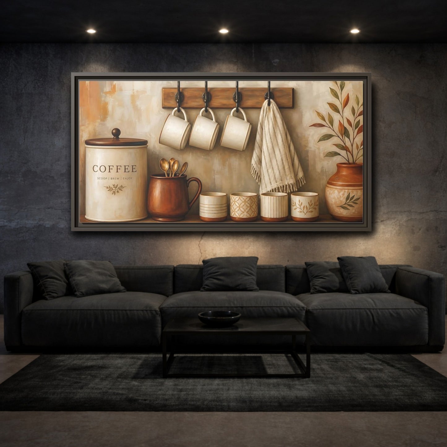 Mockup 3. Vintage Coffee Station Brown And Cream shown as framed canvas print