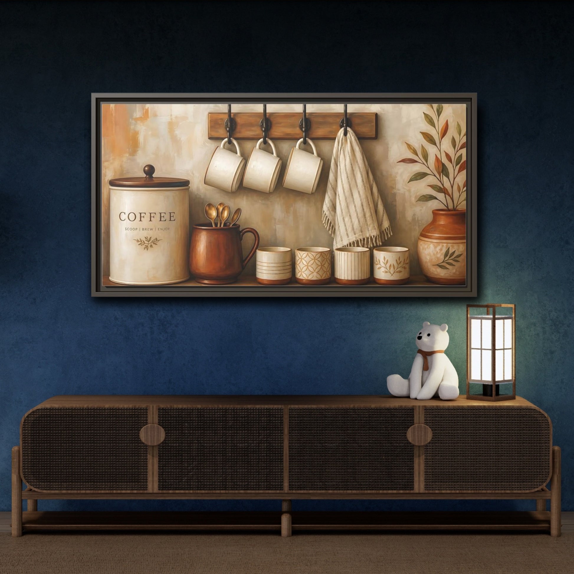 Mockup 4. Vintage Coffee Station Brown And Cream shown as framed canvas print