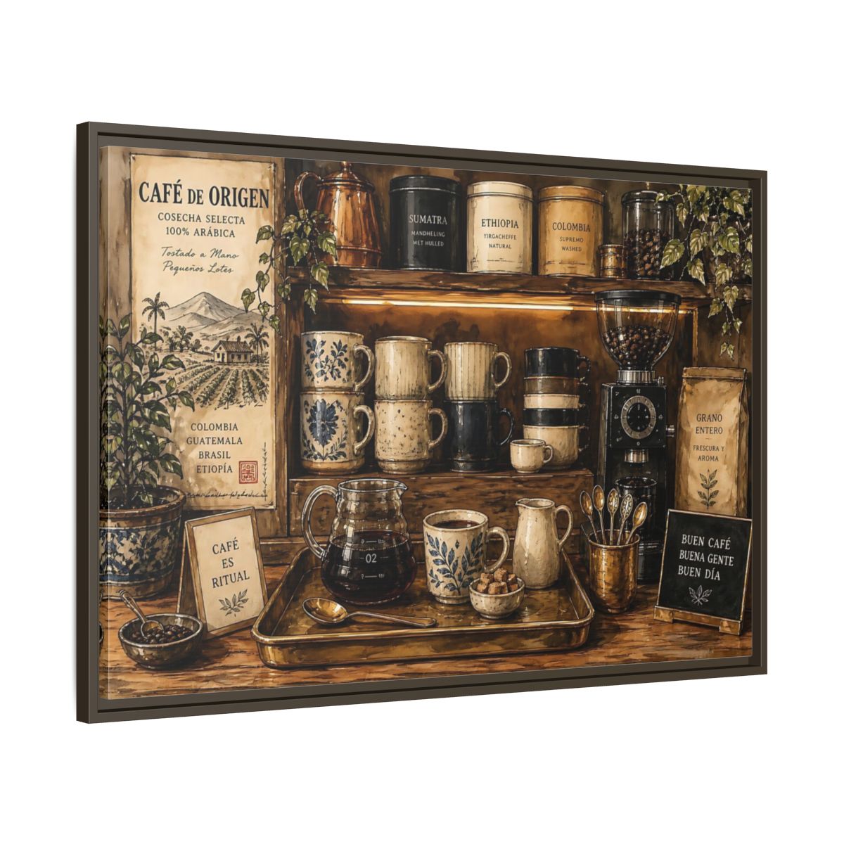 Main Mockup. Vintage Coffee Station Rustic Coffee shown as stretched canvas wall art